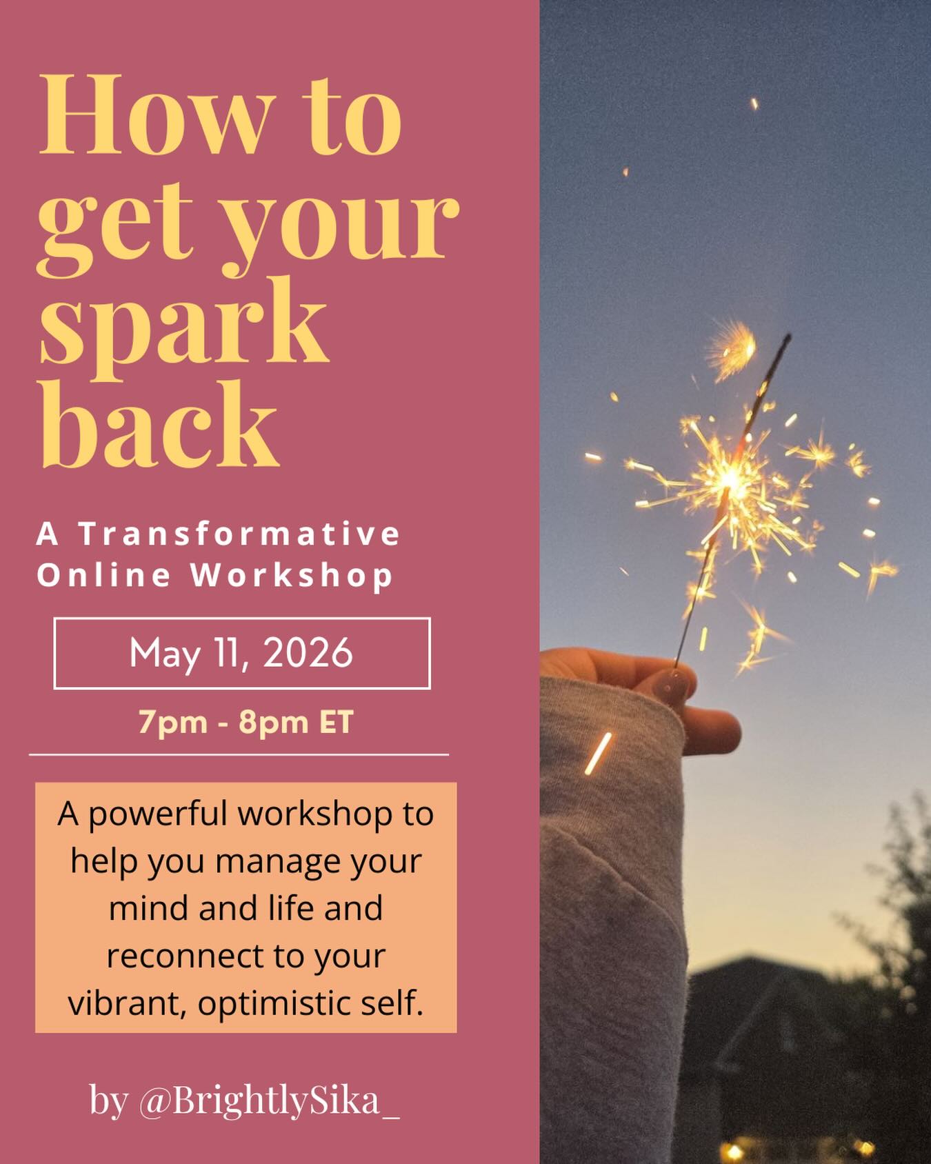 Let's get our spark back together! ✨💖🎇

I know so many of us have been feeling weighed down, heavy, burdened by the everyday stresses of life to the point where we don't recognize ourselves anymore. 

I know because I was there 😩

We don't have to trudge through life on autopilot just making it day to day, we can reconnect to that vibrant joyful self again! 

And if you need some assistance with that, I've got some wonderful tools to share with you 💗

As a life and mindset coach, I deeply believe in the power of our thoughts and beliefs to shape our life experience.

During our time together, I'll share why we fall into a negative thought cycle, steps to make our way out of it, and simple practices to cultivate more consistent good feelings (even with all the chaos of your life and the world)

we focus on controlling what we can control and you'll be amazed by what ripple effects come from there! 🌞

Join me on Monday May 11th at 7pm ET for this free yet invaluable experience! (Sign up at the link in bio)

get unstuck, reconnect with your true self, and hear from others also paving their way forward to a more aligned, vibrant life 💓

Can't wait to see you there!! 🥰